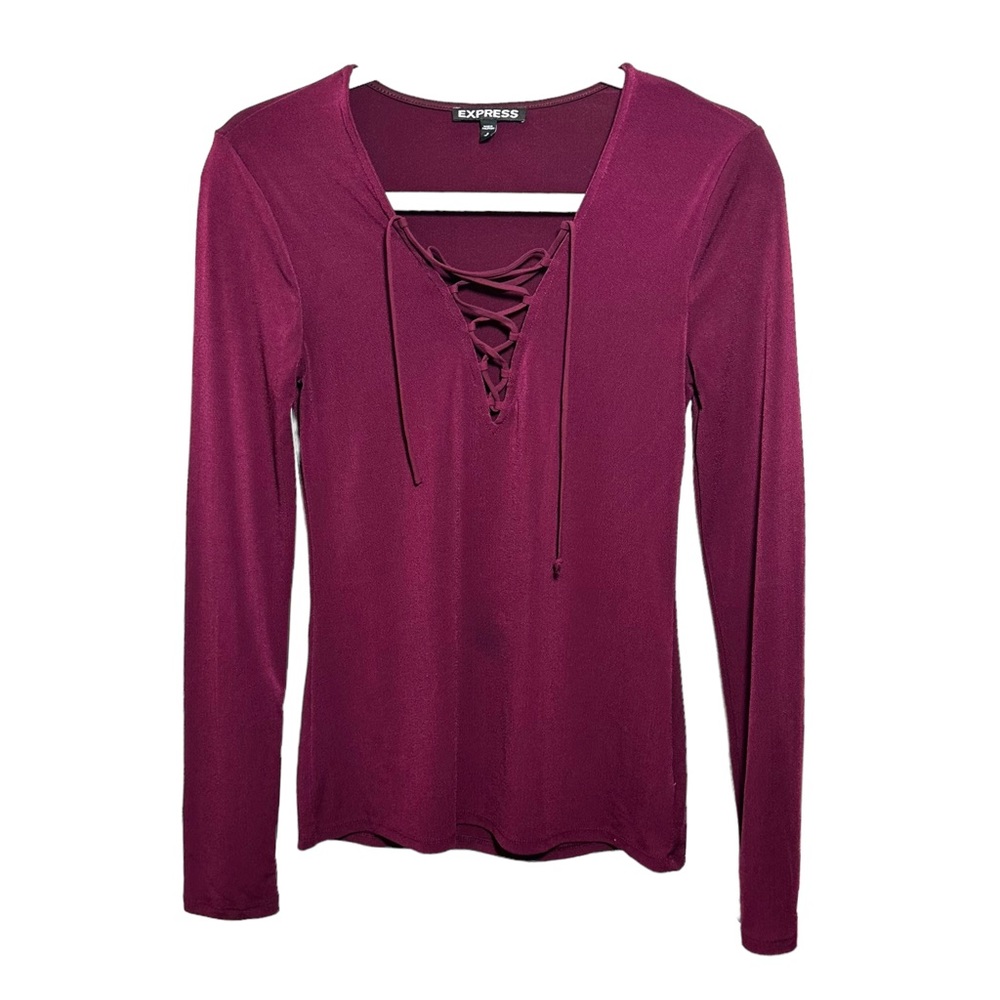Express Womens Sz S Blouse Red Long Sleeve Lace Up Neck Stretch Top